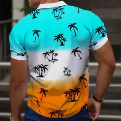 Best OUKU Kentucky Derby Men's Palm Tree Hawaiian Polo Shirts Golf Shirt Short Sleeve Polo Shirts Collared Shirts Casual Beach Wear Vacation Wear Tropical Wear Party Outfits Buttons 3D Print Summer Blue Green