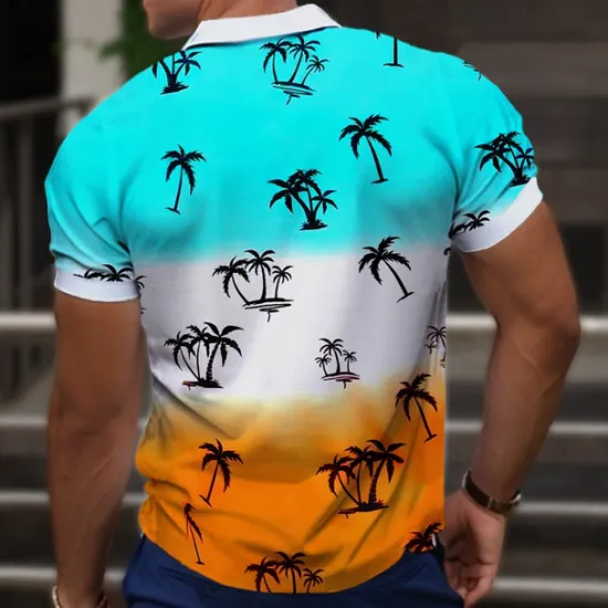 Best OUKU Kentucky Derby Men's Palm Tree Hawaiian Polo Shirts Golf Shirt Short Sleeve Polo Shirts Collared Shirts Casual Beach Wear Vacation Wear Tropical Wear Party Outfits Buttons 3D Print Summer Blue Green