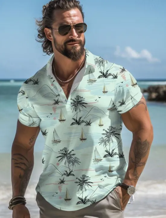 Discount OUKU Kentucky Derby Men's Palm Tree Hawaiian Polo Shirts Golf Shirt Short Sleeve Polo Shirts Collared Shirts Casual Beach Wear Vacation Wear Tropical Wear Party Outfits Buttons 3D Print Summer White Pink