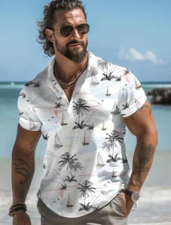 Discount OUKU Kentucky Derby Men's Palm Tree Hawaiian Polo Shirts Golf Shirt Short Sleeve Polo Shirts Collared Shirts Casual Beach Wear Vacation Wear Tropical Wear Party Outfits Buttons 3D Print Summer White Pink