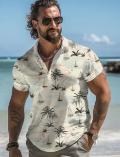 Discount OUKU Kentucky Derby Men's Palm Tree Hawaiian Polo Shirts Golf Shirt Short Sleeve Polo Shirts Collared Shirts Casual Beach Wear Vacation Wear Tropical Wear Party Outfits Buttons 3D Print Summer White Pink