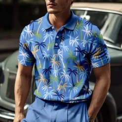 Clearance OUKU Kentucky Derby Men's Palm Tree Hawaiian Polo Shirts Golf Shirt Short Sleeve Polo Shirts Collared Shirts Casual Beach Wear Vacation Wear Tropical Wear Party Outfits Buttons 3D Print Blue-Green Pink