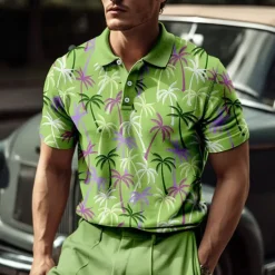 Clearance OUKU Kentucky Derby Men's Palm Tree Hawaiian Polo Shirts Golf Shirt Short Sleeve Polo Shirts Collared Shirts Casual Beach Wear Vacation Wear Tropical Wear Party Outfits Buttons 3D Print Blue-Green Pink