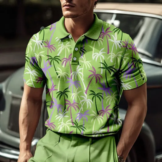 Clearance OUKU Kentucky Derby Men's Palm Tree Hawaiian Polo Shirts Golf Shirt Short Sleeve Polo Shirts Collared Shirts Casual Beach Wear Vacation Wear Tropical Wear Party Outfits Buttons 3D Print Blue-Green Pink