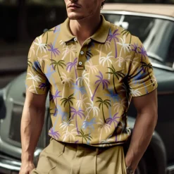 Clearance OUKU Kentucky Derby Men's Palm Tree Hawaiian Polo Shirts Golf Shirt Short Sleeve Polo Shirts Collared Shirts Casual Beach Wear Vacation Wear Tropical Wear Party Outfits Buttons 3D Print Blue-Green Pink