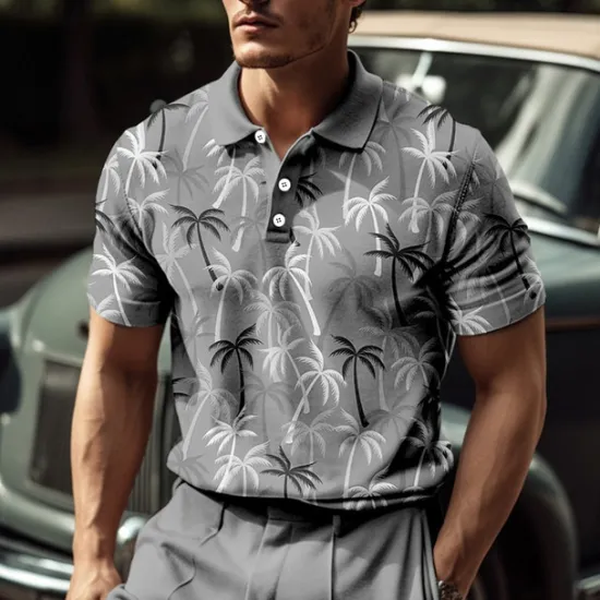 Clearance OUKU Kentucky Derby Men's Palm Tree Hawaiian Polo Shirts Golf Shirt Short Sleeve Polo Shirts Collared Shirts Casual Beach Wear Vacation Wear Tropical Wear Party Outfits Buttons 3D Print Blue-Green Pink