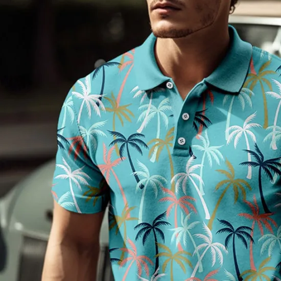 Clearance OUKU Kentucky Derby Men's Palm Tree Hawaiian Polo Shirts Golf Shirt Short Sleeve Polo Shirts Collared Shirts Casual Beach Wear Vacation Wear Tropical Wear Party Outfits Buttons 3D Print Blue-Green Pink