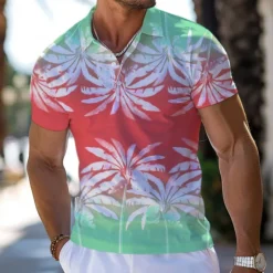 Discount OUKU Kentucky Derby Men's Palm Tree Hawaiian Polo Shirts Golf Shirt Short Sleeve Polo Shirts Collared Shirts Beach Wear Vacation Wear Tropical Wear Party Outfits Buttons 3D Print Spring & Summer Pink Blue