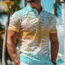 Discount OUKU Kentucky Derby Men's Palm Tree Hawaiian Polo Shirts Golf Shirt Short Sleeve Polo Shirts Collared Shirts Beach Wear Vacation Wear Tropical Wear Party Outfits Buttons 3D Print Spring & Summer Pink Blue