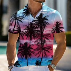 Discount OUKU Kentucky Derby Men's Palm Tree Hawaiian Polo Shirts Golf Shirt Short Sleeve Polo Shirts Collared Shirts Beach Wear Vacation Wear Tropical Wear Party Outfits Buttons 3D Print Spring & Summer Pink Blue