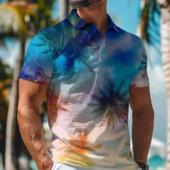 Discount OUKU Kentucky Derby Men's Palm Tree Hawaiian Polo Shirts Golf Shirt Short Sleeve Polo Shirts Collared Shirts Beach Wear Vacation Wear Tropical Wear Party Outfits Buttons 3D Print Spring & Summer Pink Blue