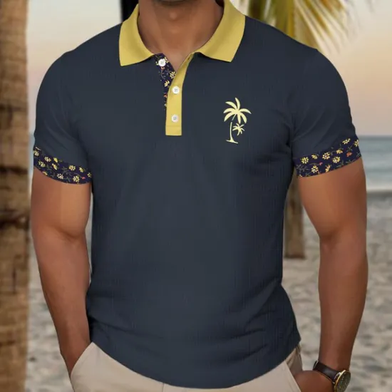 OUKU Kentucky Derby Men's Plaid Palm Tree Golf Shirt Short Sleeve Polo Shirts Collared Shirts Casual Beach Wear Vacation Wear Tropical Wear Party Outfits Buttons 3D Print Summer Black White Navy Blue