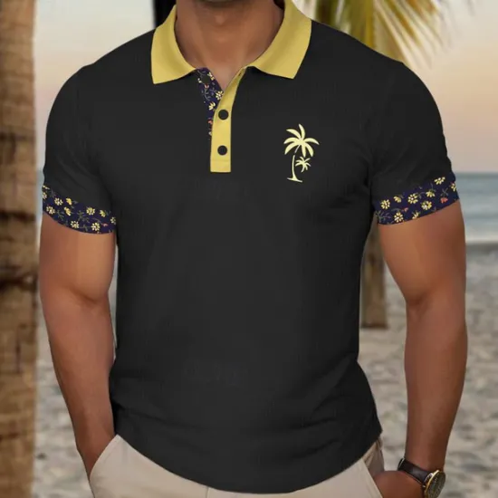 OUKU Kentucky Derby Men's Plaid Palm Tree Golf Shirt Short Sleeve Polo Shirts Collared Shirts Casual Beach Wear Vacation Wear Tropical Wear Party Outfits Buttons 3D Print Summer Black White Navy Blue