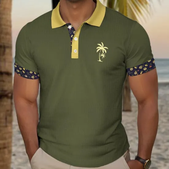 OUKU Kentucky Derby Men's Plaid Palm Tree Golf Shirt Short Sleeve Polo Shirts Collared Shirts Casual Beach Wear Vacation Wear Tropical Wear Party Outfits Buttons 3D Print Summer Black White Navy Blue