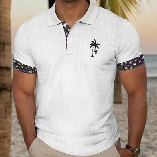 OUKU Kentucky Derby Men's Plaid Palm Tree Golf Shirt Short Sleeve Polo Shirts Collared Shirts Casual Beach Wear Vacation Wear Tropical Wear Party Outfits Buttons 3D Print Summer Black White Navy Blue