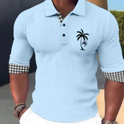 Online OUKU Kentucky Derby Men's Plaid Palm Tree Hawaiian Polo Shirts Golf Shirt Long Sleeve Polo Shirts Collared Shirts Casual Beach Wear Vacation Wear Tropical Wear Party Outfits Buttons 3D Print White Pink