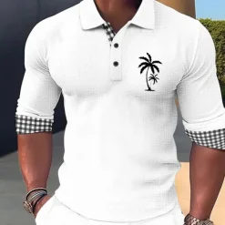 Online OUKU Kentucky Derby Men's Plaid Palm Tree Hawaiian Polo Shirts Golf Shirt Long Sleeve Polo Shirts Collared Shirts Casual Beach Wear Vacation Wear Tropical Wear Party Outfits Buttons 3D Print White Pink