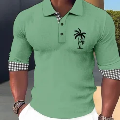 Online OUKU Kentucky Derby Men's Plaid Palm Tree Hawaiian Polo Shirts Golf Shirt Long Sleeve Polo Shirts Collared Shirts Casual Beach Wear Vacation Wear Tropical Wear Party Outfits Buttons 3D Print White Pink