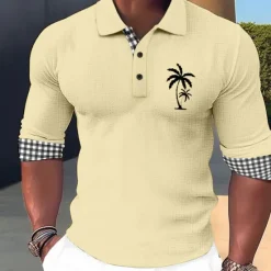 Online OUKU Kentucky Derby Men's Plaid Palm Tree Hawaiian Polo Shirts Golf Shirt Long Sleeve Polo Shirts Collared Shirts Casual Beach Wear Vacation Wear Tropical Wear Party Outfits Buttons 3D Print White Pink