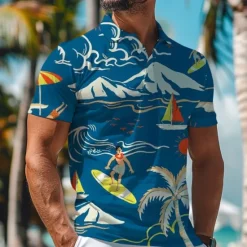 Online OUKU Kentucky Derby Men's Resort Hawaiian Polo Shirts Golf Shirt Short Sleeve Polo Shirts Collared Shirts Beach Wear Vacation Wear Tropical Wear Party Outfits Buttons 3D Print Spring & Summer Lake blue
