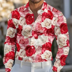 Online OUKU Kentucky Derby Men's Rose Floral Print Flowers Satin Shirt Dress Shirt Button Up Shirt Long Sleeve Fashion Casual Wedding Vacation Evening Party Summer Spring Turndown Collared Shirts 3D Print Funny Pink