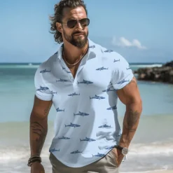 Online OUKU Kentucky Derby Men's Shark Hawaiian Polo Shirts Golf Shirt Short Sleeve Polo Shirts Collared Shirts Casual Beach Wear Vacation Wear Tropical Wear Party Outfits Buttons 3D Print Spring & Summer Yellow
