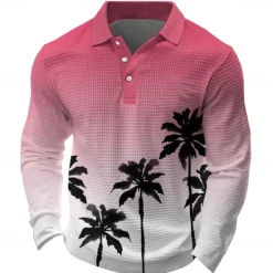 Outlet OUKU Kentucky Derby Men's Tropical Flowers Waffle Polo Shirts Long Sleeve Polo Shirts Collared Shirts Casual Resort Hawaiian Buttons Red Blue Orange