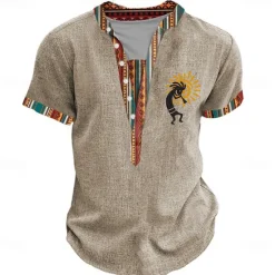Discount OUKU Kokopelli Spiral Design Tribal Bandana Print Designer Ethnic Men's 3D Print Tee Henley Shirt Casual Daily Holiday T shirt Green Khaki Short Sleeve Henley Shirt Summer Spring Clothing Apparel S-3XL
