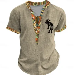 Online OUKU Kokopelli Tribal Bandana Print Men's Ethnic 3D Print T shirt Tee Henley Shirt Casual Daily Holiday T shirt Yellow Green Khaki Short Sleeve Henley Shirt Summer Spring Clothing Apparel S M L XL XXL 3XL