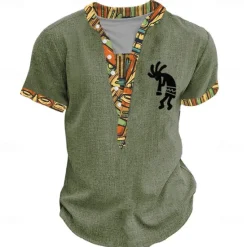 Online OUKU Kokopelli Tribal Bandana Print Men's Ethnic 3D Print T shirt Tee Henley Shirt Casual Daily Holiday T shirt Yellow Green Khaki Short Sleeve Henley Shirt Summer Spring Clothing Apparel S M L XL XXL 3XL
