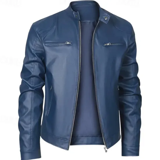 Outlet OUKU Male Faux Leather Jacket Transition Jacket Biker Jacket Casual Daily Travel Pocket All Seasons Solid / Plain Color Leisure Sweet Standing Collar Regular Black Royal Blue Brown Khaki Jacket
