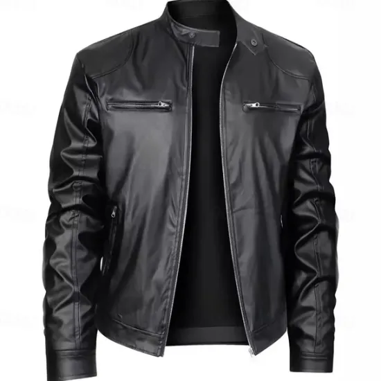 Outlet OUKU Male Faux Leather Jacket Transition Jacket Biker Jacket Casual Daily Travel Pocket All Seasons Solid / Plain Color Leisure Sweet Standing Collar Regular Black Royal Blue Brown Khaki Jacket