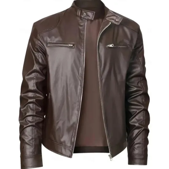 Outlet OUKU Male Faux Leather Jacket Transition Jacket Biker Jacket Casual Daily Travel Pocket All Seasons Solid / Plain Color Leisure Sweet Standing Collar Regular Black Royal Blue Brown Khaki Jacket