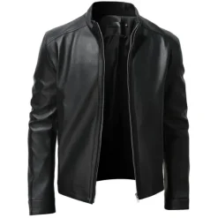 Sale OUKU Male Faux Leather Jacket Transition Jacket Casual Daily Zipper All Seasons Pure Color Outdoor Standing Collar Faux Leather Jacket Black