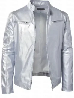 Discount OUKU Male Faux Leather Jacket Transition Jacket Biker Jacket Outdoor clothing Casual Daily Windproof Buttons Fall & Winter Zipper Casual Crew Neck Regular Faux Leather Silver Golden Black White Yellow
