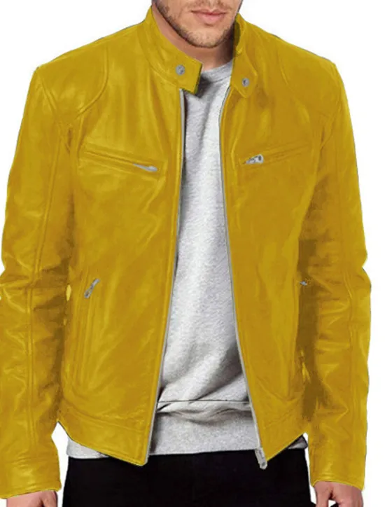 Discount OUKU Male Faux Leather Jacket Transition Jacket Biker Jacket Outdoor clothing Casual Daily Windproof Buttons Fall & Winter Zipper Casual Crew Neck Regular Faux Leather Silver Golden Black White Yellow