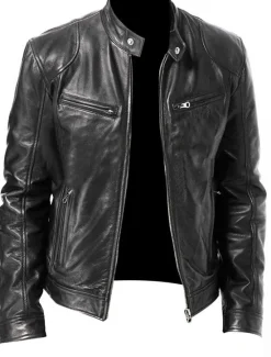 Discount OUKU Male Faux Leather Jacket Transition Jacket Biker Jacket Outdoor clothing Casual Daily Windproof Buttons Fall & Winter Zipper Casual Crew Neck Regular Faux Leather Silver Golden Black White Yellow