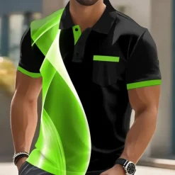 Best OUKU Male Geometic Line Polo Short Sleeve Turndown Business Sports & Outdoor Athleisure Casual Daily Buttons Pocket Summer Lake blue Robin's Egg Blue Grey