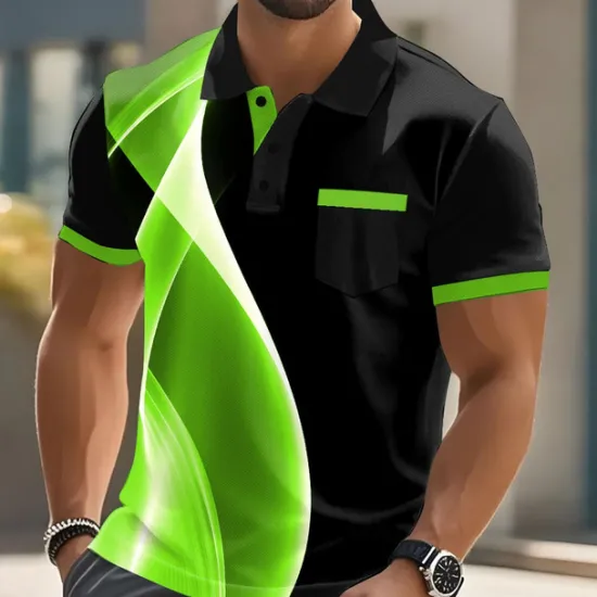Best OUKU Male Geometic Line Polo Short Sleeve Turndown Business Sports & Outdoor Athleisure Casual Daily Buttons Pocket Summer Lake blue Robin's Egg Blue Grey