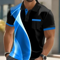 Best OUKU Male Geometic Line Polo Short Sleeve Turndown Business Sports & Outdoor Athleisure Casual Daily Buttons Pocket Summer Lake blue Robin's Egg Blue Grey