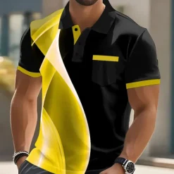 Best OUKU Male Geometic Line Polo Short Sleeve Turndown Business Sports & Outdoor Athleisure Casual Daily Buttons Pocket Summer Lake blue Robin's Egg Blue Grey