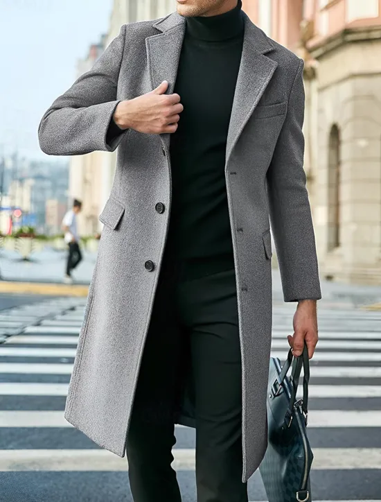 Best OUKU Male Overcoat Coat Trench Coat Daily Wear Buckle Fall & Winter Solid / Plain Color Leisure Lapel Long Camel Black Gray Jacket
