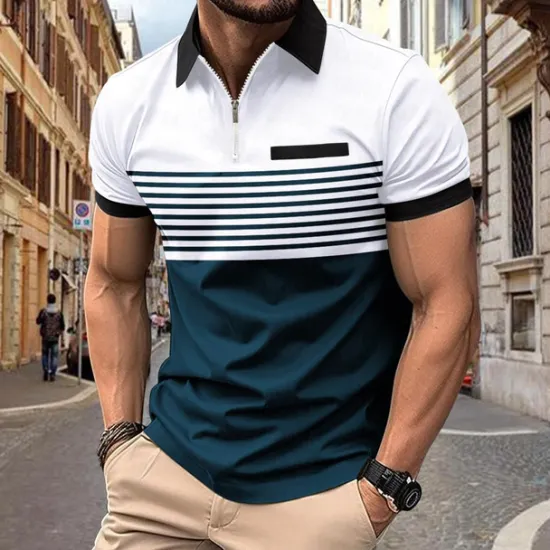 Outlet OUKU Male Polo Shirt Knit Polo Casual Date Lapel Short Sleeves Fashion Plaid / Striped / Chevron / Round Printing Knitting Summer Dry-Fit White Pink Red Orange Green Apricot Polo Shirt