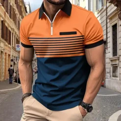 Outlet OUKU Male Polo Shirt Knit Polo Casual Date Lapel Short Sleeves Fashion Plaid / Striped / Chevron / Round Printing Knitting Summer Dry-Fit White Pink Red Orange Green Apricot Polo Shirt