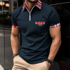 Sale OUKU Male Polo Shirt Knit Polo Casual Date Lapel Short Sleeves Fashion Plaid / Striped / Chevron / Round Solid / Plain Color Knitting Summer Dry-Fit Black White Pink Wine Dark Navy Sky Blue Polo Shirt