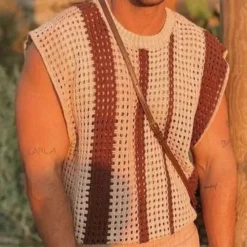 Hot OUKU Male Sweater Tank Vest Tee Top Sleeveless Jewel Neck Summer Vertical Stripes Knitting Top Tee for Men Brown
