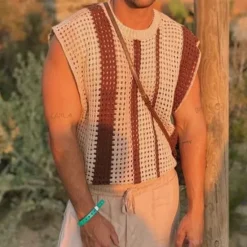 Hot OUKU Male Sweater Tank Vest Tee Top Sleeveless Jewel Neck Summer Vertical Stripes Knitting Top Tee for Men Brown