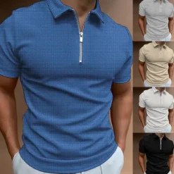 Sale OUKU Male Waffle Polo Shirt Daily Wear Date Turndown Short Sleeves Modern Solid / Plain Color Half Zip Spring & Summer Form Fit Black White Royal Blue Dark Grey Beige Waffle Polo Shirt