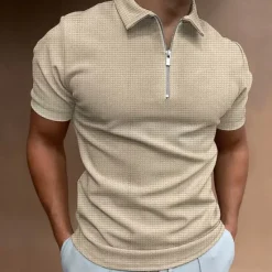 Sale OUKU Male Waffle Polo Shirt Daily Wear Date Turndown Short Sleeves Modern Solid / Plain Color Half Zip Spring & Summer Form Fit Black White Royal Blue Dark Grey Beige Waffle Polo Shirt
