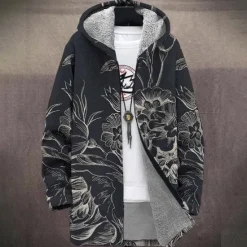 Sale OUKU Men Floral Mountain Winter Coat Fleece Jacket Coat Thermal Warm Comfortable Casual Daily Wear Zipper Pocket 3D Print Fall Winter Hooded Long Sleeve Black Blue Gray